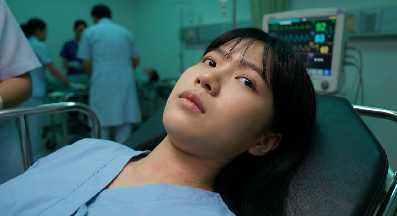 Ing, nineteen, lying on an emergency-department trolley with the monitor beside her, watching for someone to come.
