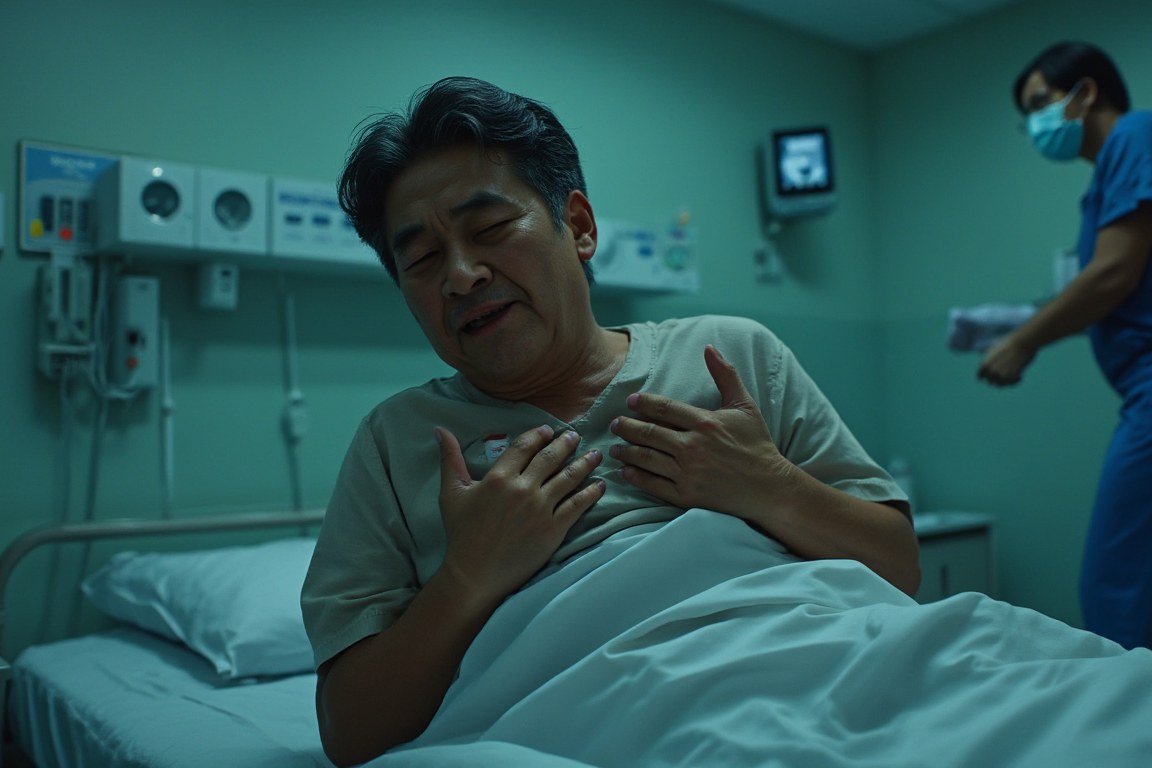 Prasit, 58, a hospital driver, on the trolley in the emergency department with crushing chest pain.