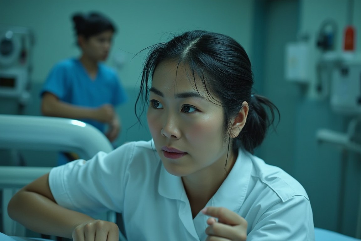 Mali, 34, a nurse still in uniform, breathless in the emergency department.
